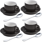 homEdge Premium Espresso Shot Cups and Saucers Set with Espresso Stainless Steel Spoons - 2.5 oz, Set of 4, Black