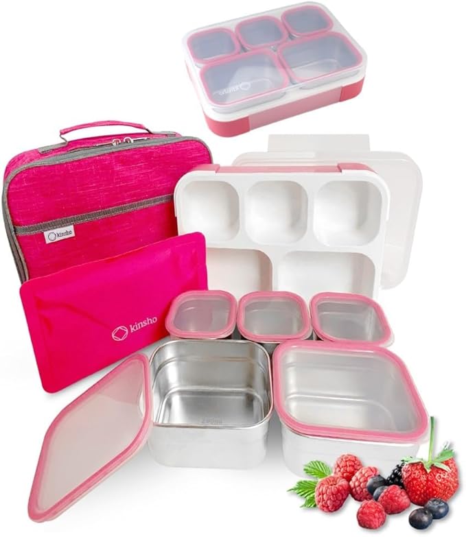 Stainless Steel Bento Lunch Box Set for Adults, Kids - Insulated Bag and Ice Pack - Leak-Proof Metal Compartment Meal Prep Food & Snack Containers for Work Travel School Daycare, 34 oz Pink