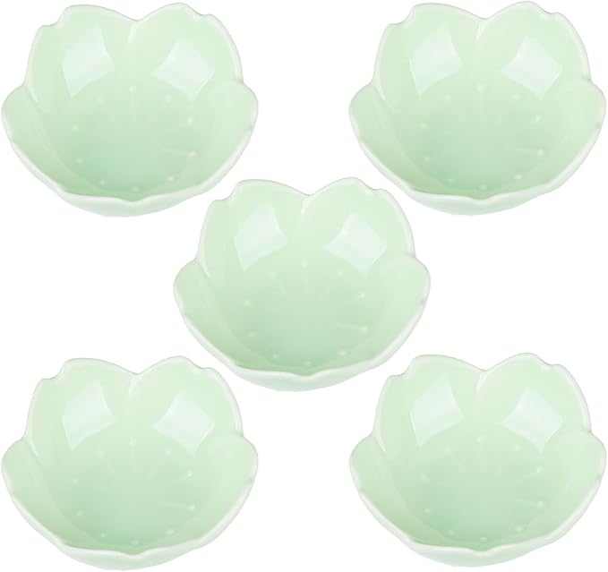 WHJY Light Green Cherry Blossom Dish Set, Cute Pink Ceramic Plates, Sauce/Seasoning Dish, Sushi Dishes, Soy Dipping Bowl, Dessert, Appetizer Plates, Serving Dish for Kitchen Home – Set of 5