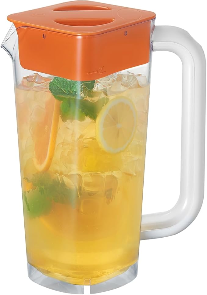 CURTA 1 Pack 2 Liters/68 oz Plastic Square Pitcher with Lid & Handle for Kitchen,ICED JUICE and Coffee Carafe Beverage Serveware, Acrylic Water Jug for Hot/Cold Drinks&lemonade