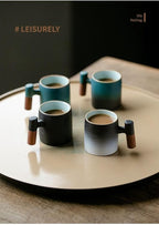 2-Oz Ceramic Espresso Cups with Wood Handle, 2/4-Piece Set for Coffee, Tea, Latte - Dishwasher Safe, Multi-Color & Wood Styles, Gift & Café Use (blue white, Wooden Handle2)