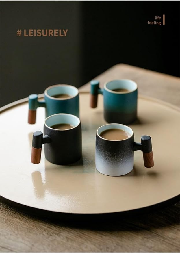 2-Oz Ceramic Espresso Cups with Wood Handle, 2/4-Piece Set for Coffee, Tea, Latte - Dishwasher Safe, Multi-Color & Wood Styles, Gift & Café Use (blue white, Wooden Handle2)