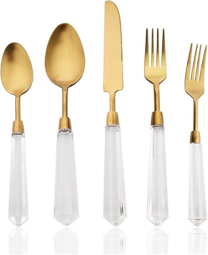 JASHII 5pcs Gold 304 Stainless Steel Flatware Cutlery Set with Transparent Acrylic Handle Diamond Shape, Matte Knife Fork Spoon Set, Dishwasher Safe for Home Wedding Hotel