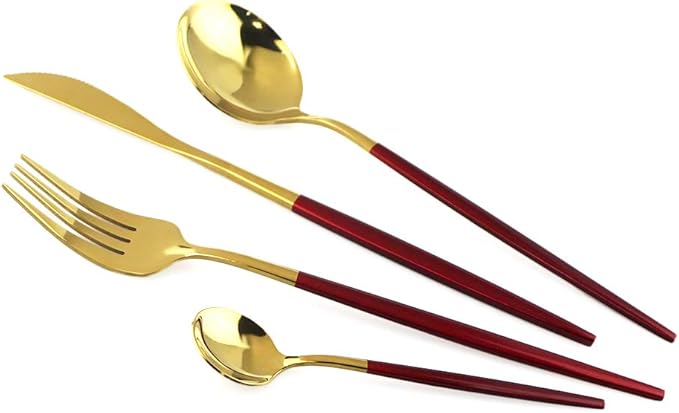 Gugrida 40-Piece Silverware Set 304 Stainless Steel Reusable Utensils Forks Spoons Knives Set, Mirror Polished Cutlery Flatware Set, Great for Family Gatherings & Daily Use (Service for 10, Red Gold)