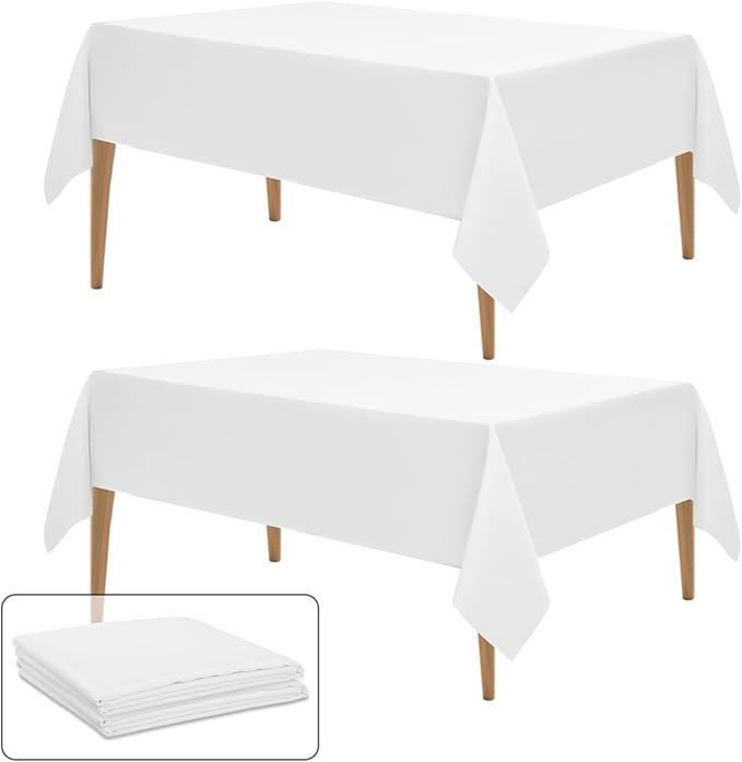 2 Pack White Table Cloth Rectangle 60x84 Inch Polyester Tablecloths for 5ft Rectangle Tables - Reusable Wrinkle Resistant Washable Cloth Cover for Wedding Banquet Party | Hemmed Edges