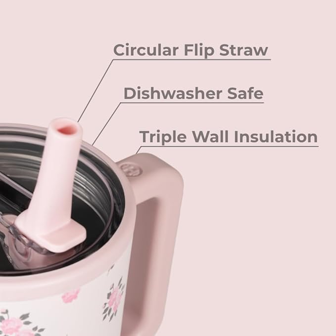 HydroJug Traveler - 32 oz Water Bottle with Handle & Flip Straw - Fits in Cup Holder, Leak Resistant Tumbler-Reusable Insulated Stainless Steel & Rubber Base - Gifts for Women & Men, Wildrose