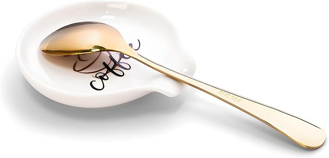 Coffee Spoon Rest with spoon, Mini Coffee Spoon Holder, Small Ceramic Spoon Rest for Coffee Stirrers, Teaspoon, Coffee Bar Accessories, (Ceramic Coffee Spoon Rest with Pattern & Gold Ellipse Spoon)