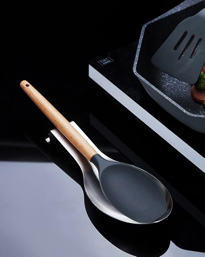 Matte Silver Stainless Steel Spoon Rest, 2-in-1 Stove Top Holder for Ladles, Tongs, Spatula, Pot Lid - Dishwasher Safe (2PC-9.5 Inch)
