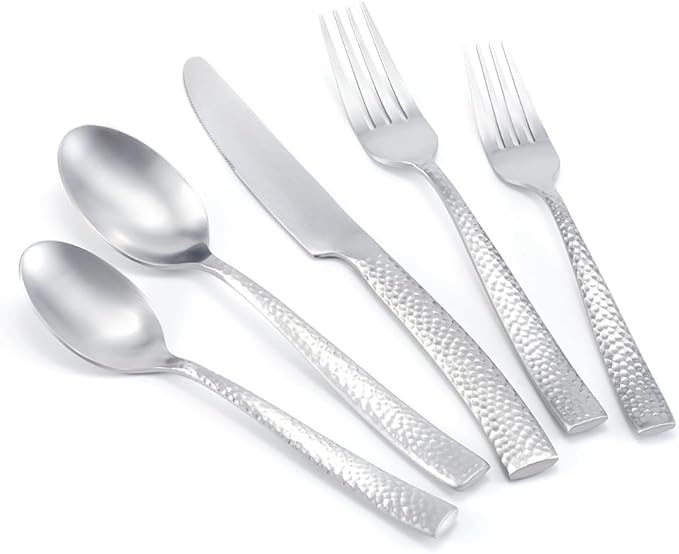 Hand Forged Stainless Steel Flatware Set Silverware Set Cutlery Set Matte Finished Hammered 5 Pieces Service for 1