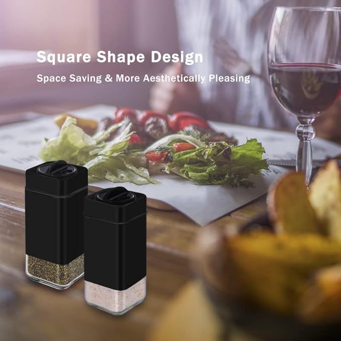 Black Salt and Pepper Shakers by Aelga, Glass Salt Shaker Set with Adjustable Pour Holes, Ideal for Black Pepper, Kosher and Himalayan