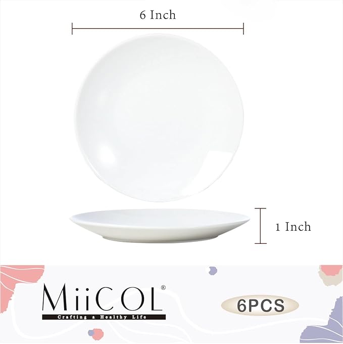 Miicol Small Dessert Plates Set of 6, Ceramic White Appetizer Plates 6 Inch, Mini Porcelain Serving Plate for Cake, Bread, Salad, Snack