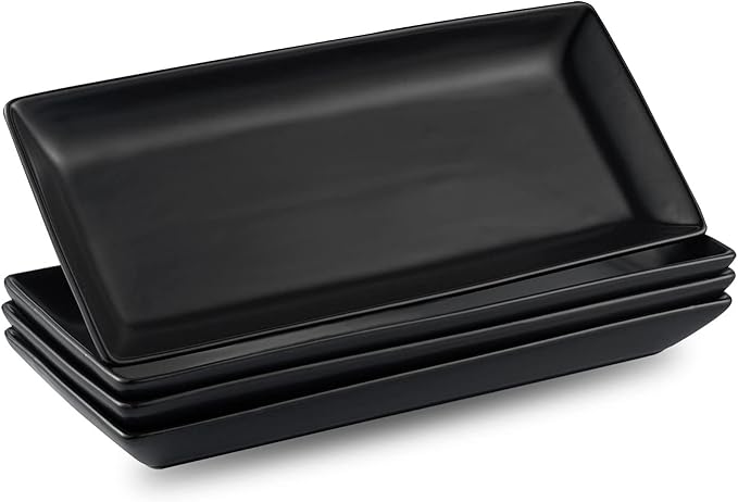 Gomakren Black Serving Platter Set of 4 Porcelain Serving Plates Rectangular Christmas Serving Dishes and Platters Serving Trays for Party Appetizer Sushi, 10 Inch Black Serveware Thanksgiving Gifts