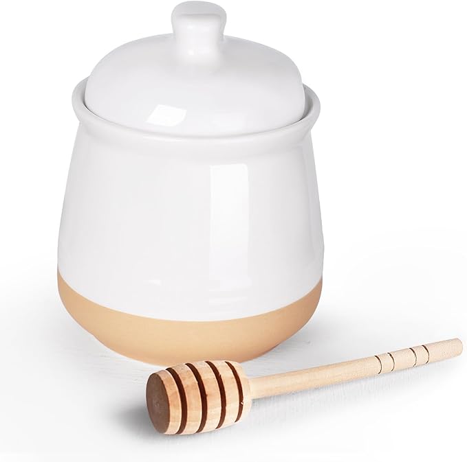 LEETOYI Honey jar with Lid and Wooden Dipper, 12 oz Ceramic Honey Container Dispenser for Home, Microwave & Dishwasher Safe, White