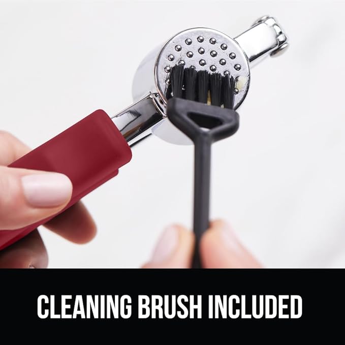 GORILLA GRIP Garlic Press and Peel Set, Heavy Duty Mincer Tool, Easily Mince and Crush Garlics, Ginger, Nuts, Seeds, Large Ergonomic Handle, Peeler Included, Peeling Cloves, Kitchen Gadgets, Red