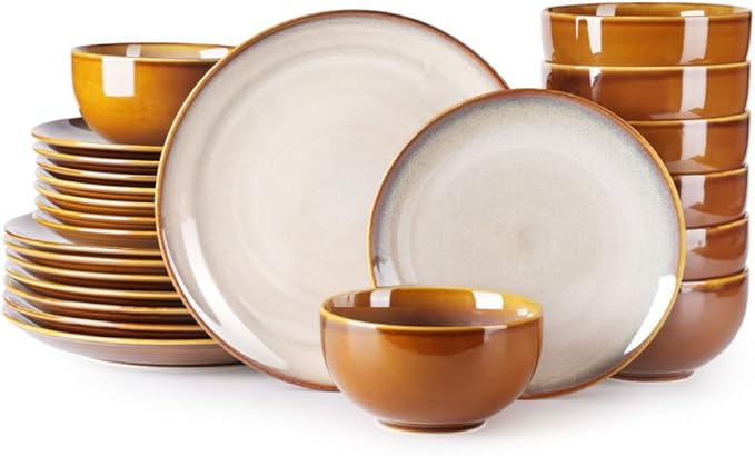 LERATIO Ceramic Dinnerware Sets for 8,Stoneware Plates and Bowls Sets,Handmade Reactive Glaze Dishes Set,Chip Resistant and Scratch Resistant | Oven&Dishwasher & Microwave Safe-Kahki (24PCS)