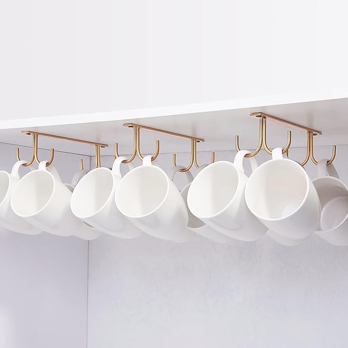 Mug Rack Under Cabinet - Coffee Cup Holder, 12 Mugs Hooks Under Shelf, Display Hanging Cups Drying Hook for Bar Kitchen Utensils Gold