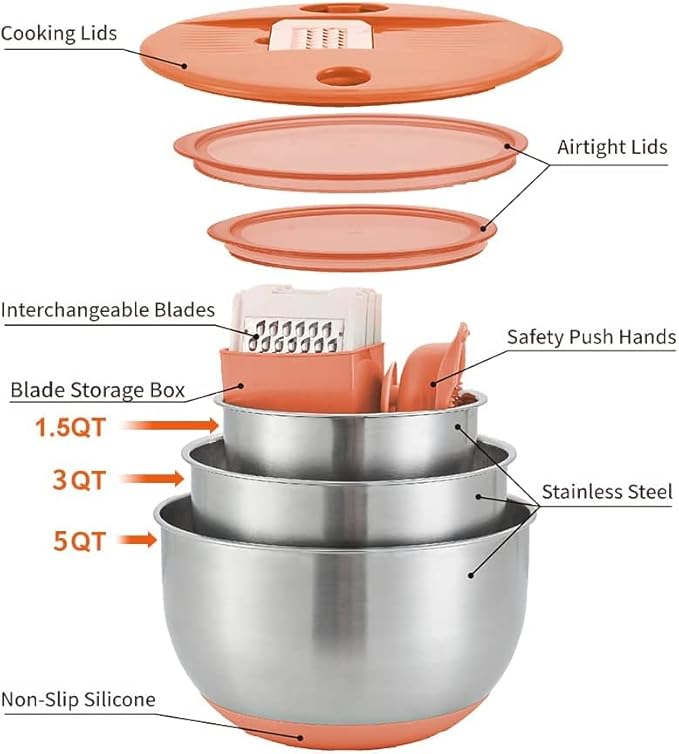 Mixing Bowls with Lids Set,3 Pieces Stainless Steel Nesting Bowls Vegetables Slicer Non-Slip Mixing Bowl for Baking Prepping Cooking(Orange)