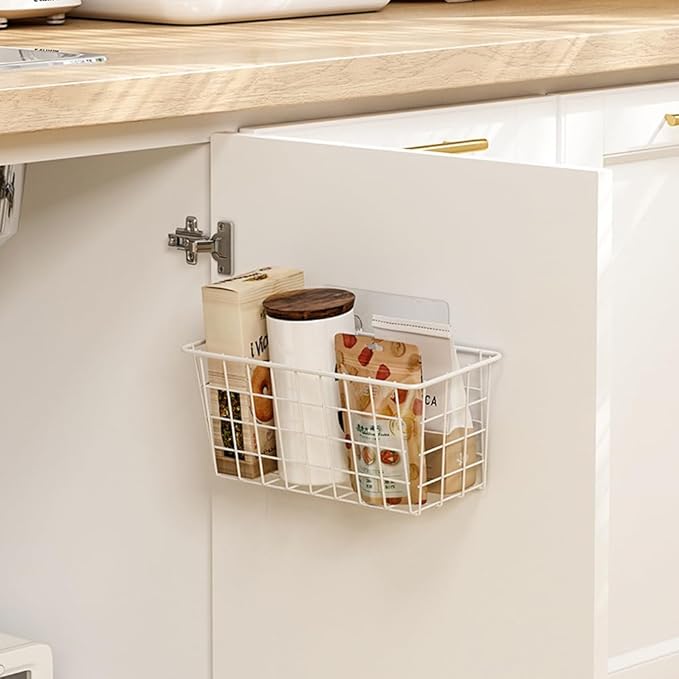 Hanging Kitchen Baskets For Storage Adhesive Small Wire Storage Baskets No Drilling Wall Mounted Shelf for Kitchen Pantry Room Cabinet Bathroom, 2 PACK, White