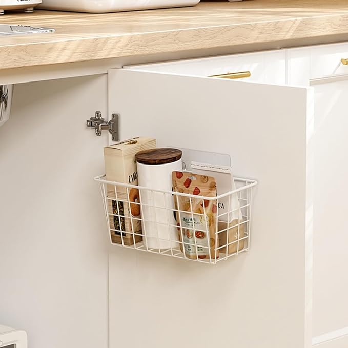 Adhesive Basket Wall Wire Basket Over the Cabinet Door Organizer No Drilling Mounted 4 Pack, White