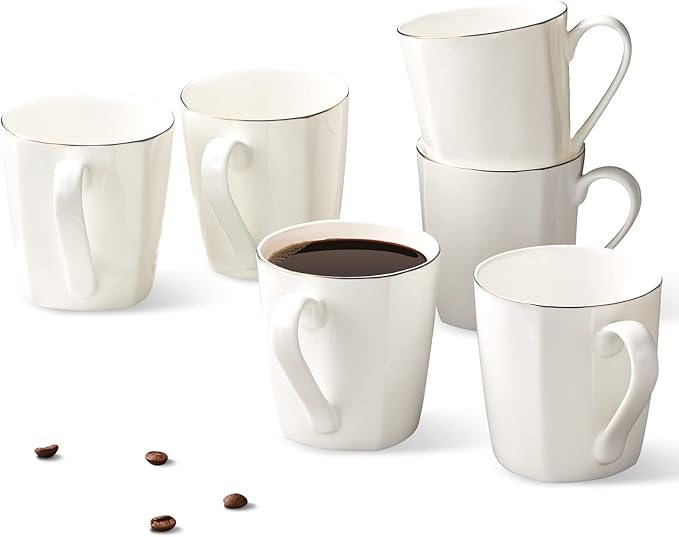 Bone China Coffee Mugs, 10oz Espresso Cups, Lightweight Porcelain White Coffee Mugs, Ceramic Tea Cups with Gold Trim Set of 6, Microwave safe(Moonliaght)