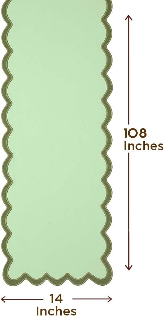 Folkulture Table Runner | Table Runners 108 inches Long | Scallop Table Runner for Farmhouse Decor or Boho Decor | Sage Green Table Runners for Dining Room Table Decor | Pastel Party Decorations
