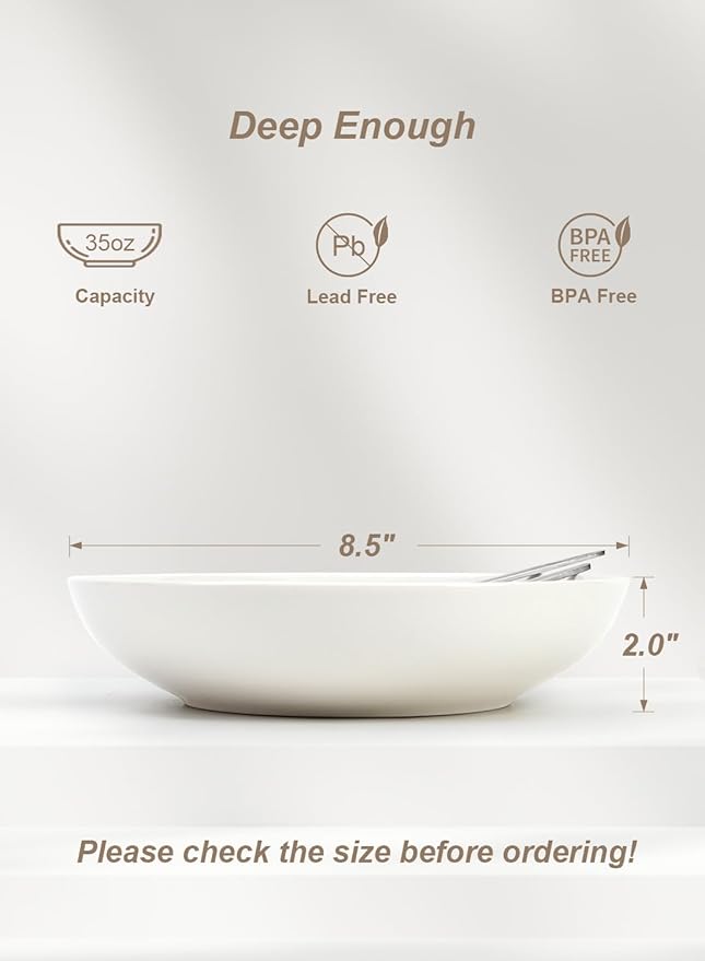 Quatish 35oz Pasta Bowls Set of 6, 8.5" Large Salad Bowls Soup Bowl for Kitchen, Microwave & Dishwasher Safe, Porcelain Wide and Shallow Serving Bowl, White Dinner Plates, Dinnerware Set, Gift