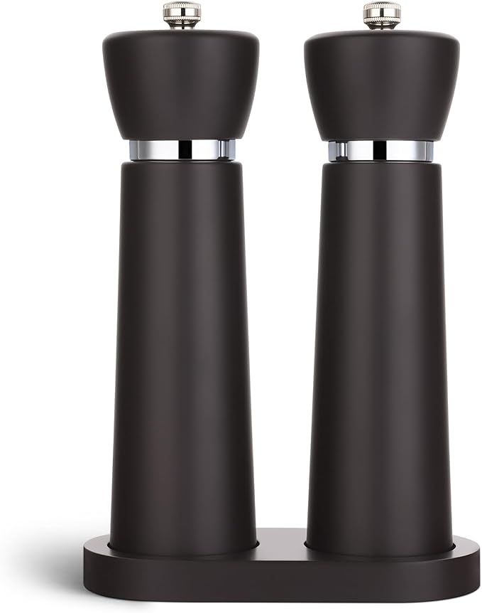 Wooden Salt and Pepper Grinder Set – Refillable Salt and Pepper Mill with Adjustable Upgraded Large Size Ceramic Burr – Manual Pepper Grinder with Beech Wood Body – 8.3” Tall (Chocolate Wood)