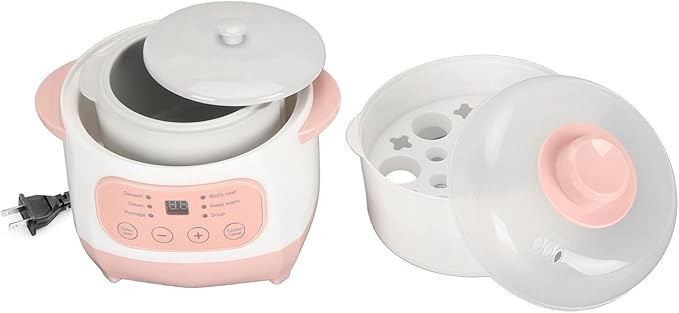 Electric Stew Pot, 1L 200W Appointment Timing Smart Slow Cooker with Steamer & Boil Dry, Automatic Mini Ceramic Pot with Lid, Digital Porridge Soup Pot for Home