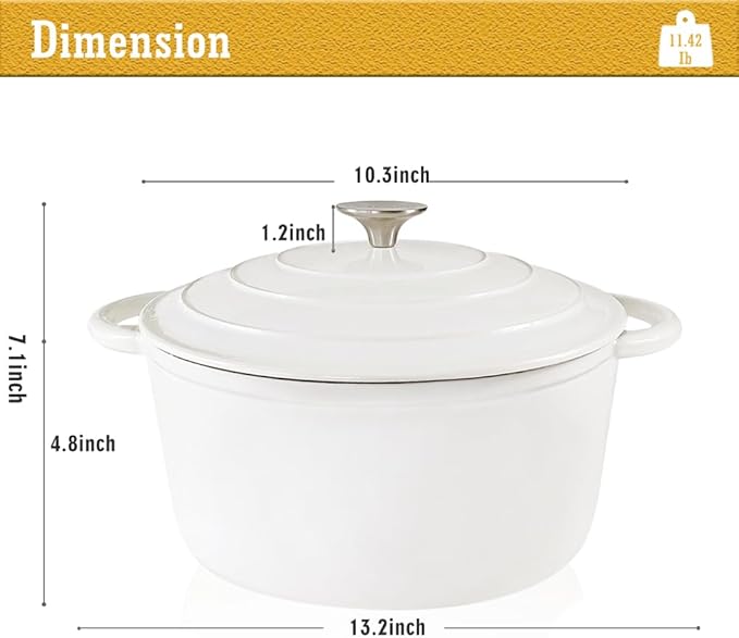Dutch Oven,Cast Iron Dutch Ovens,Dutch Oven Pot with Lid,5 QT Enamel Dutch Pot,Dutch Ovens with Dual Handles,Cast Iron Pot for Braiser,Cooking,Gifts for Family,White