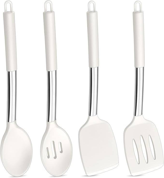 P&P CHEF White Kitchen Cooking Utensil Set of 4, Silicone Solid Spatulas Slotted Spoons Turners for Non-stick Cookware Flipping Mixing, Heat-proof