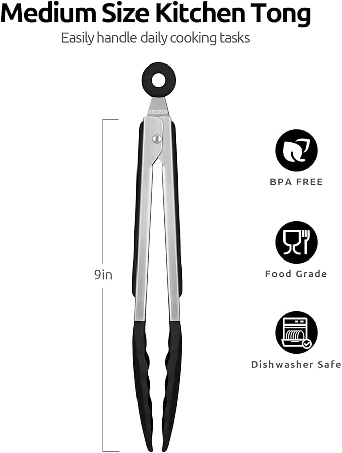 600ºF Heat Resistant Kitchen Tongs: U-Taste 9 inch Silicone Cooking Tong with Firm Sealed Non Stick Rubber Tips & Silicon Coated 18/8 Stainless Steel Handle & Smooth Locking for Serving Salad (Black)