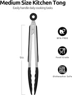 600ºF Heat Resistant Kitchen Tongs: U-Taste 9 inch Silicone Cooking Tong with Firm Sealed Non Stick Rubber Tips & Silicon Coated 18/8 Stainless Steel Handle & Smooth Locking for Serving Salad (Black)