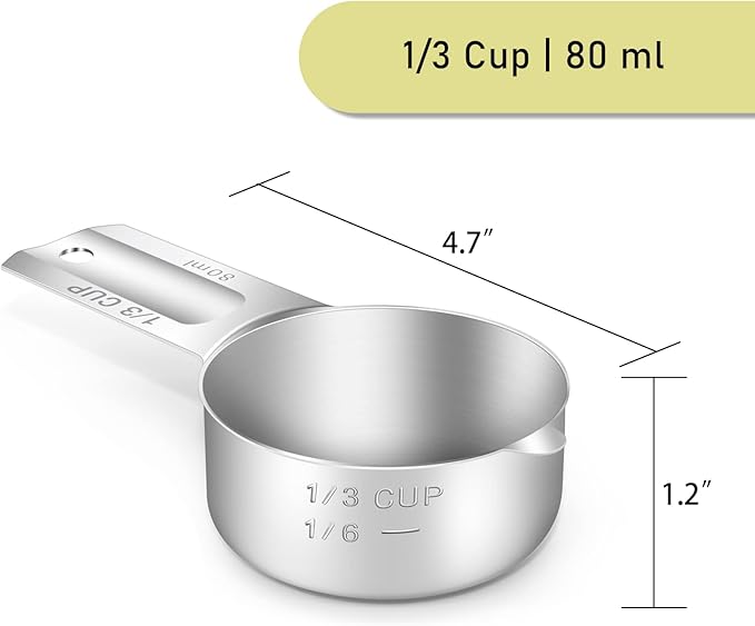 1PCS 1/3Cup (80ml, 2.7oz) Single Measuring Cup, Stainless Steel Measure Scoop, Metric and US Measurement, Dishwasher Safe