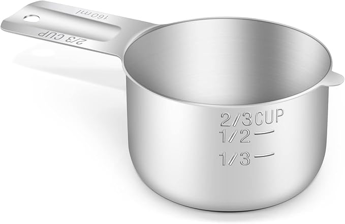1PCS 2/3Cup (160ml, 5.3oz) Single Measuring Cup, Stainless Steel Measure Scoop, Metric and US Measurement, Dishwasher Safe