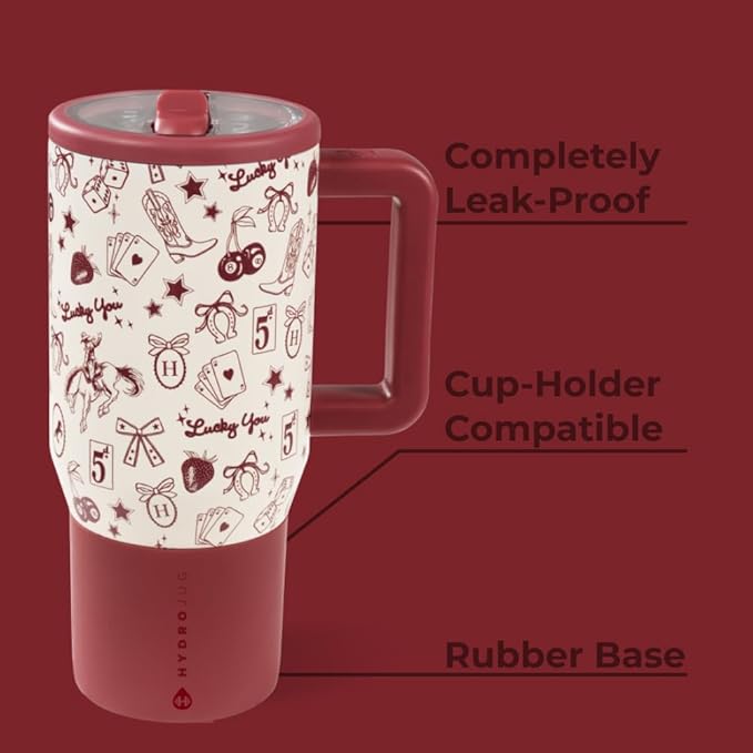 HydroJug Traveler - 20 oz Water Bottle with Handle & Flip Straw - Fits in Cup Holder, Leak Resistant Tumbler-Reusable Insulated Stainless Steel & Rubber Base - Gifts for Women & Men, Red Western Charm
