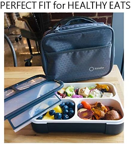 Bento Lunch Box with Bag and Ice Pack Set | Bento Box Adult Lunch Box | 3 Compartment Boxes, Insulated Bags for Work School | Containers for Teens Adults Boys Kids Lunches | Grey Black Large Kit