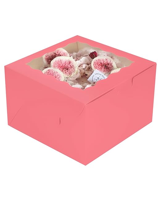 qiqee 8x8x5 Cake Box, 18 Sets Coral Orange Cake Box with Window ＆ 18 Sets 8" Coral Orange Cake Round Boards, 8inch Cake Containers