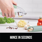 GORILLA GRIP Garlic Press and Peel Set, Heavy Duty Mincer Tool, Easily Mince and Crush Garlics, Ginger, Nuts, Seeds, Large Ergonomic Handle, Peeler Included, Peeling Cloves, Kitchen Gadgets, Mint