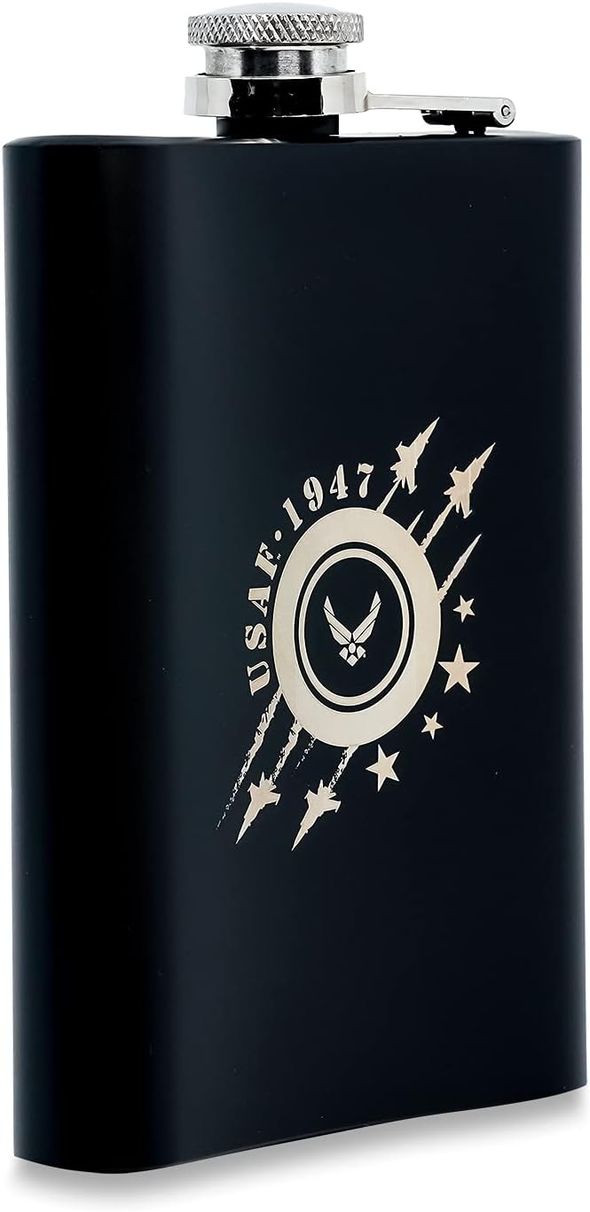 US Air Force 8 oz Flask | Stainless Steel Hip Flask for Liquor | Great USAF Gift Idea for Veterans | USAF 8oz Black Flasks