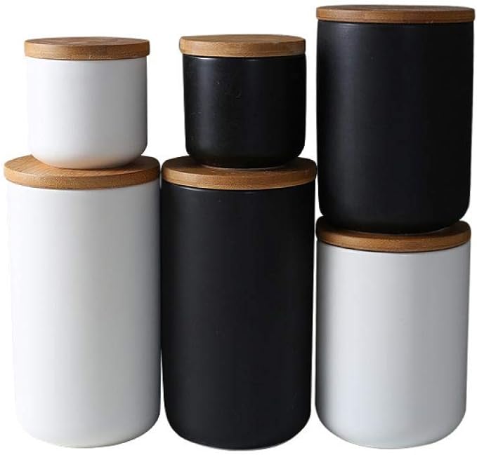 Ceramics Food Storage Jar Canister with Airtight Seal Bamboo Lid, Simple Style Kitchen Canister for Food Storage, Store Coffee, Sugar, Tea, Spices and More (White (8.79oz/260ml))