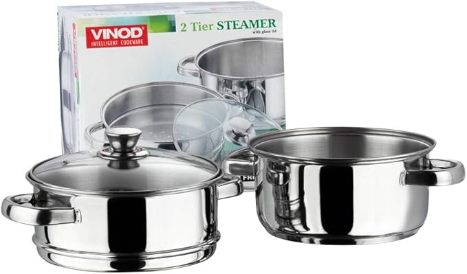 Vinod Stainless Steel Steamer 2 Tier with Glass Lid 18 cm | 2.5 mm Thick Base | Multi Purpose Momos, Modak Maker Steamer | Induction and Gas Base | - Silver