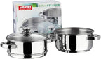 Vinod Stainless Steel Steamer 2 Tier with Glass Lid 18 cm | 2.5 mm Thick Base | Multi Purpose Momos, Modak Maker Steamer | Induction and Gas Base | - Silver