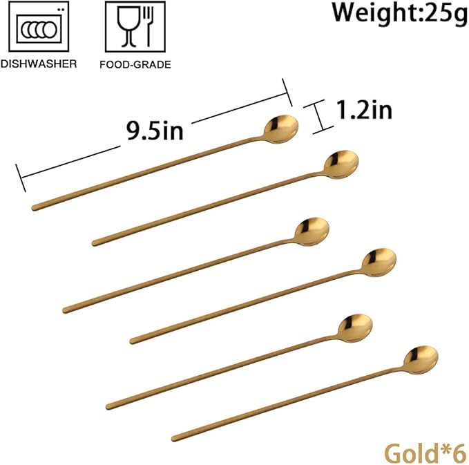Sweejar 9.5-Inch Long Handle Ice Tea Spoons, Ice Cream Spoon, Coffee Spoon, 18/8 Stainless Steel Spoons for Cocktail Stirring, Mixing, Tea, Pack of 6 (Gold)
