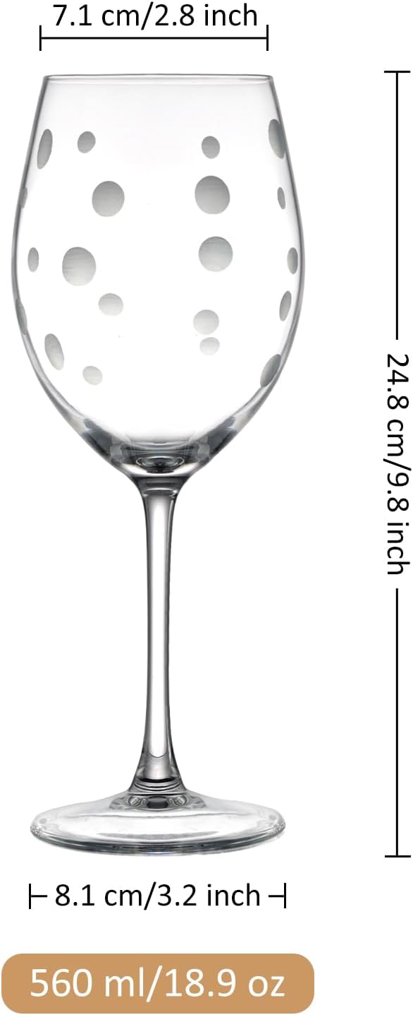 Joeyan Hand Blown Etched Red and White Wine Glasses,Stemmed Glasses with Stripes and Dots Pattern,Clear Carved Long Stem Glassware Set for Wine Tasting Birthday Anniversary Wedding,19 oz,Set of 4