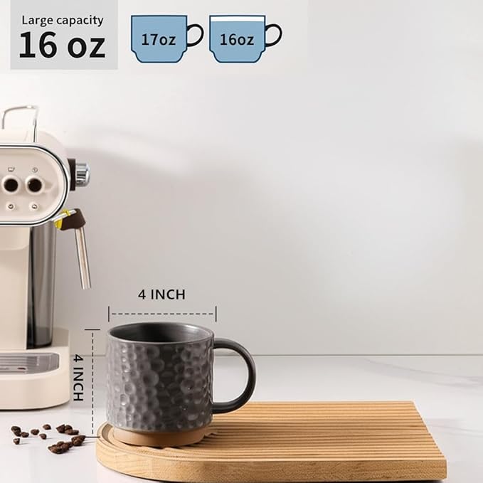 Nihow 16OZ Stackable Coffee Mug Set, Large Ceramic Coffee Mug Set of 4,Coffee Cup Set for Cappuccino/Latte/Cocoa,Dishwasher & Microwave Safe,Matte Gray