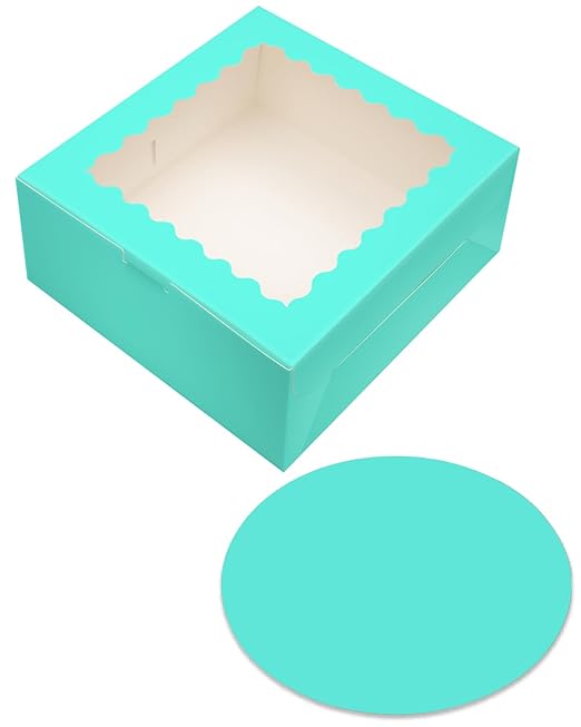 qiqee 8x8x5 Cake Box, 18 Sets Mint Blue Cake Box with Window ＆ 18 Sets 8" Mint Blue Cake Round Boards, 8inch Cake Containers