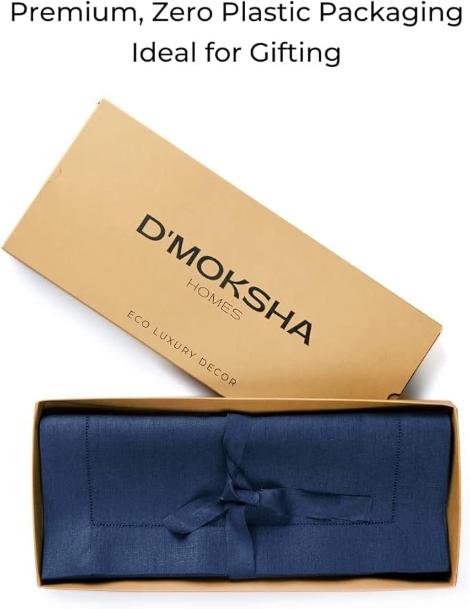 D'Moksha Homes Linen Navy Blue Table Runner 144 Inches Long - 100% Pure Linen Extra Long Table Runner 14 x 144 Inch for Summer, Fall and Halloween - Classic Hemstitch