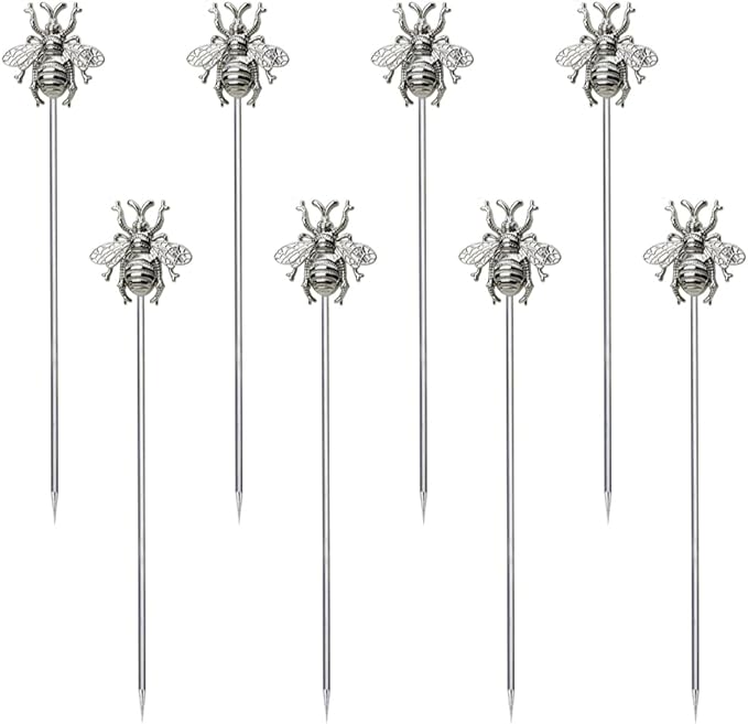 8 PCS bees cocktail Reusable picks，Stainless Steel Cocktail Picks for Appetizers Olives Brandied Cherries Skewers
