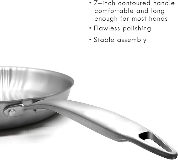 Fortune Candy 8-Inch Fry Pan with Lid, 3-ply Skillet, 18/8 Stainless Steel, Dishwasher Safe, Induction Ready, Silver