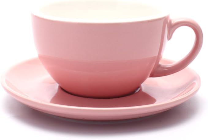 Latte Art Cup and Saucer for Latte & Cappuccino & Double Espresso, New Bone China, Mate for Coffee Shop and Barista (Glossy Pink, 10.5 oz)